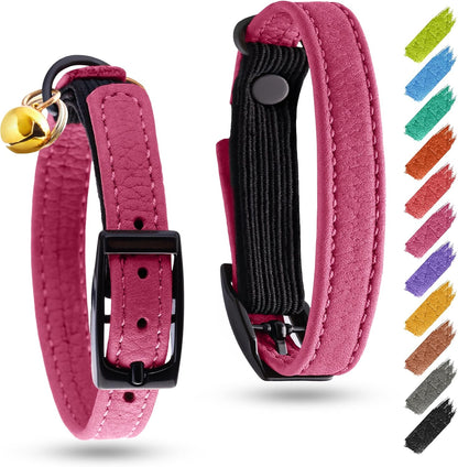 Leather Cat Collar with Bell and Safety Elastic Strap Breakaway Alternative for Small & Large Kittens, Stylish Pet Leather Collar for Boy, Girl Cats with Metal Buckle & QR ID Tag (Pink)
