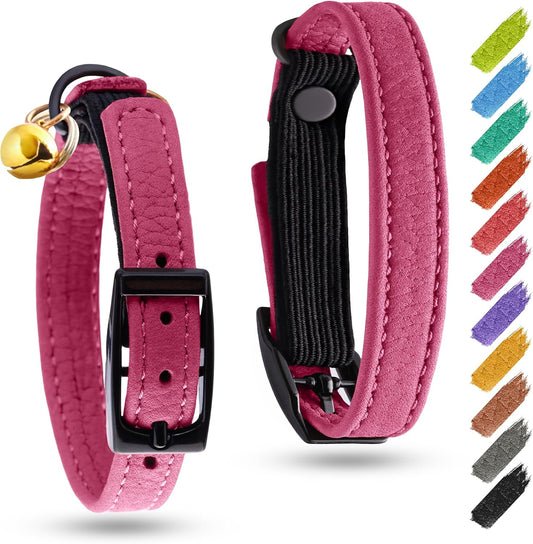 Leather Cat Collar with Bell and Safety Elastic Strap Breakaway Alternative for Small & Large Kittens, Stylish Pet Leather Collar for Boy, Girl Cats with Metal Buckle & QR ID Tag (Pink)
