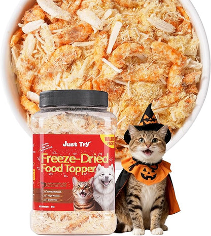 Just Try 8 OZ Raw Antarctic Krill Freeze Dried Cat & Dog Food Toppers Mixers Meal Toppers Low Calorie with Real Chicken Egg Yolk, High Protein Food Toppers Omega 3 for Picky Eaters Skin & Coat Support