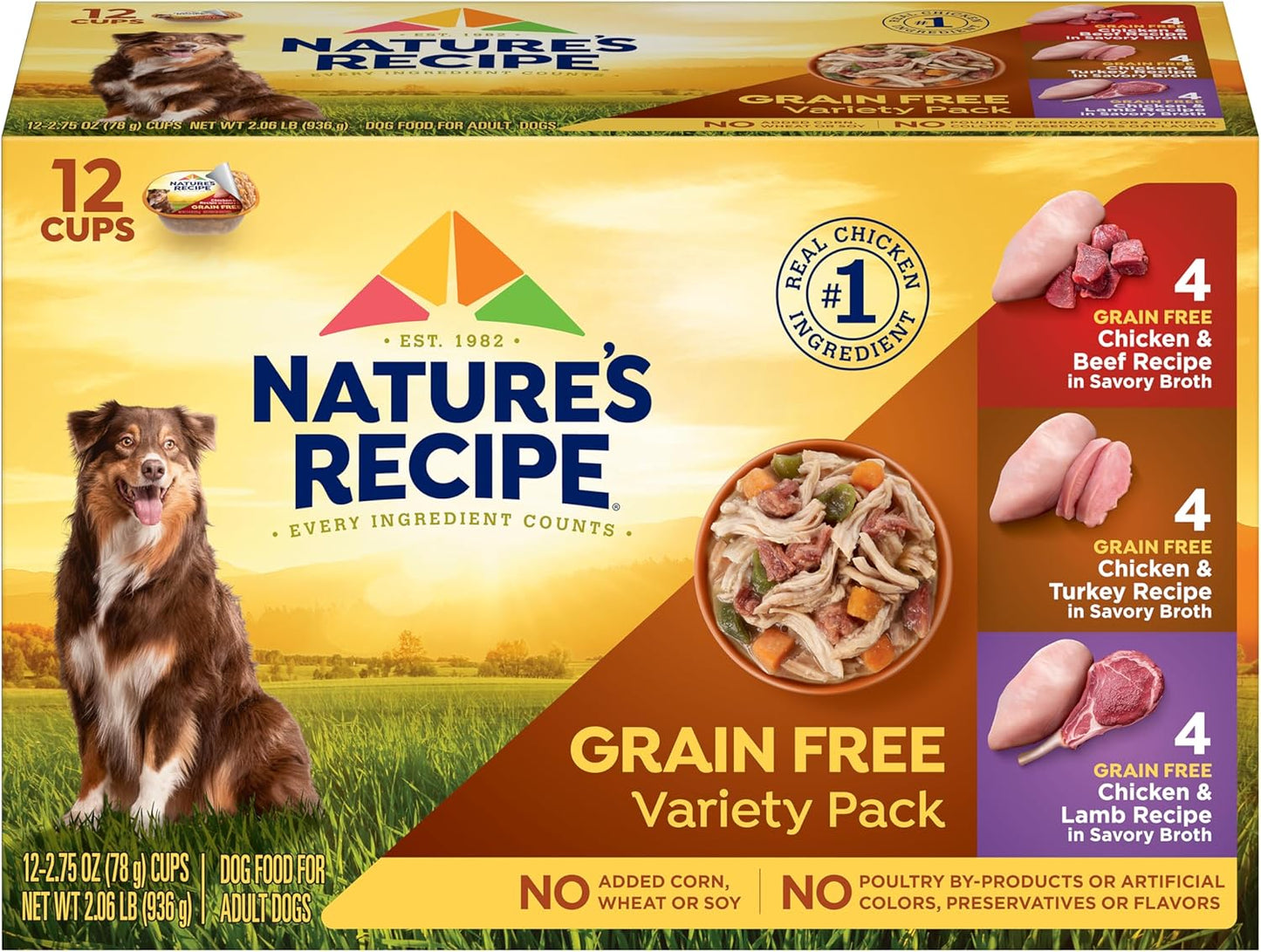 Nature's Recipe Grain Free Wet Dog Food Variety Pack, Chicken Recipes with Beef, Turkey & Lamb in Savory Broth, 2.75 oz. Cups (Pack of 12), 2 Count