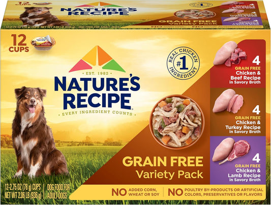 Nature's Recipe Grain Free Wet Dog Food Variety Pack, Chicken Recipes with Beef, Turkey & Lamb in Savory Broth, 2.75 oz. Cups (Pack of 12), 2 Count