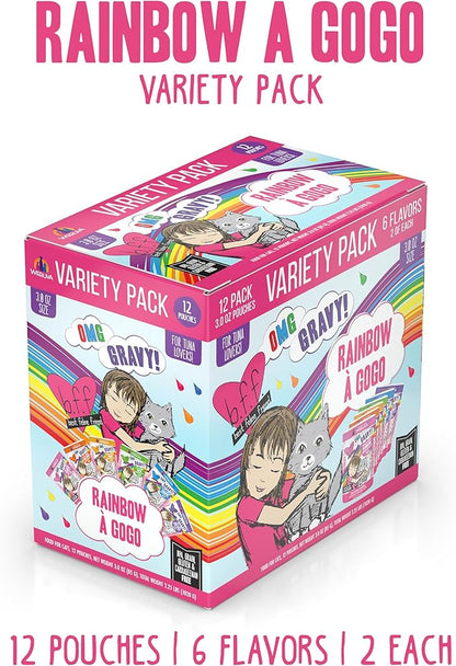 Weruva B.F.F. OMG - Best Feline Friend Oh My Gravy!, Rainbow A Gogo Variety Pack! Cat Food, 3oz Pouch (Pack of 12)