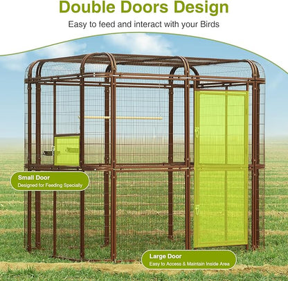 Large Walk-in Cage 87-inch Heavy Duty Bird Cage Outdoor Aviary Parrot Cage Wide Flight Metal Birdcage with Stand for Macaw Budgie Conure Lovebird Parakeet Cockatiel, 7.22x5.25x6.8ft, Brown
