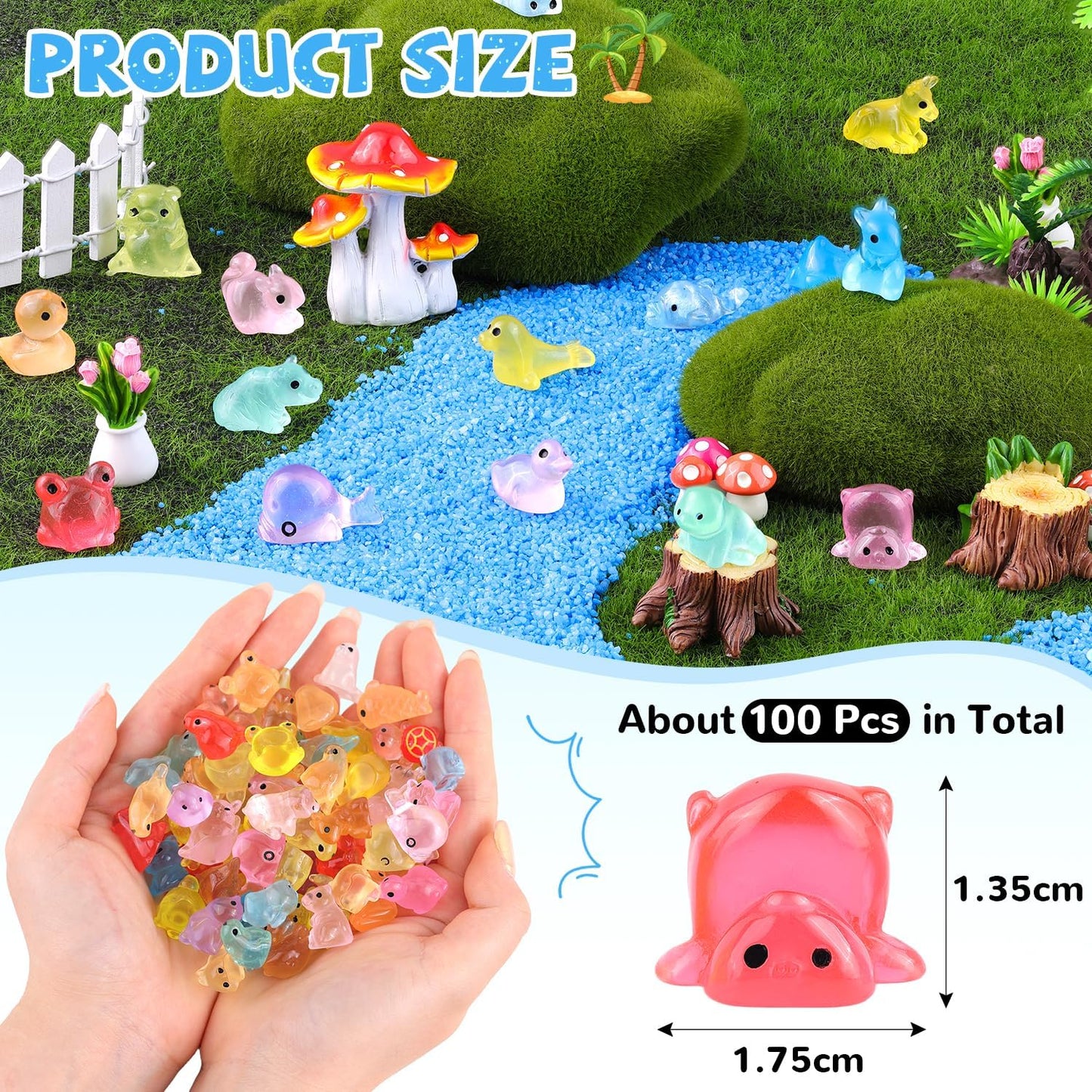 100PCS Random Mini Resin Animals Tiny Figurines Glow in Dark, Miniature Figures to Hide, Little Animal Toys Small Accessories for Topper Garden Dollhouse Landscape Aquarium Ornaments Crafts & Decor