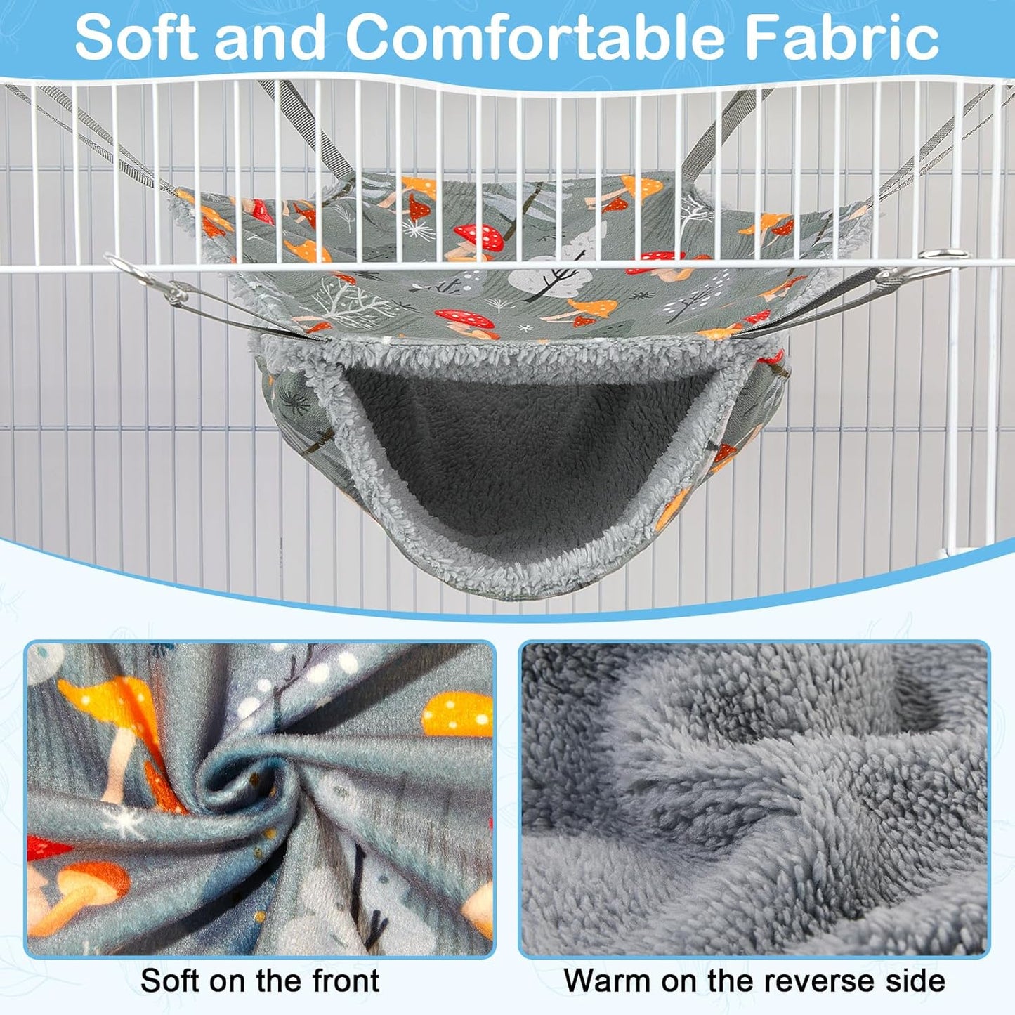 Bienbee 2 Pcs Ferret Rat Hammock Set for Cage Washable Guinea Pig Hideout Bed Soft Small Animal Hammock Tunnel Toys Ferret Cage Accessories for Hedgehog Sugar Glider Squirrel Hamster, Grey Mushroom
