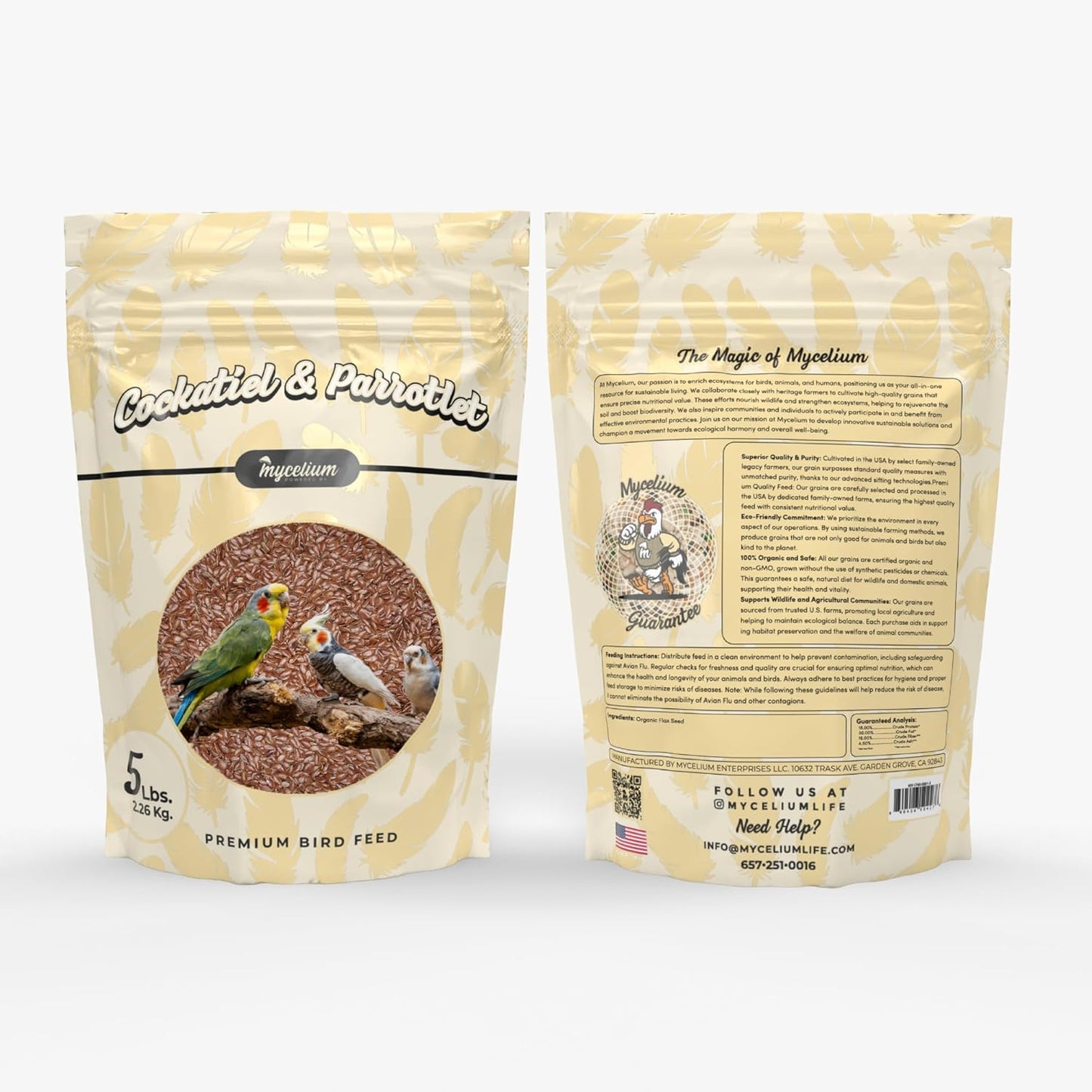 Mycelium Premium Flax Seed – Organic, Non-GMO, High Nutritional Value Bird Food for Cockatiels and Parrotlets, Sourced from Local USA Farms, Sustainable Farming, 5 lbs