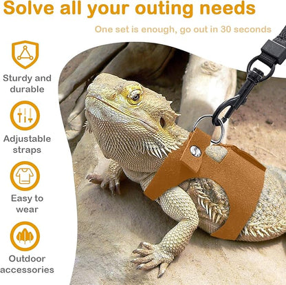 Bearded Dragon Leash and Harness Set - 3-Size Adjustable Soft Leather Vest for Training & Walking, Easy-On-and-Off Design (Brown) (Brown, 2M)