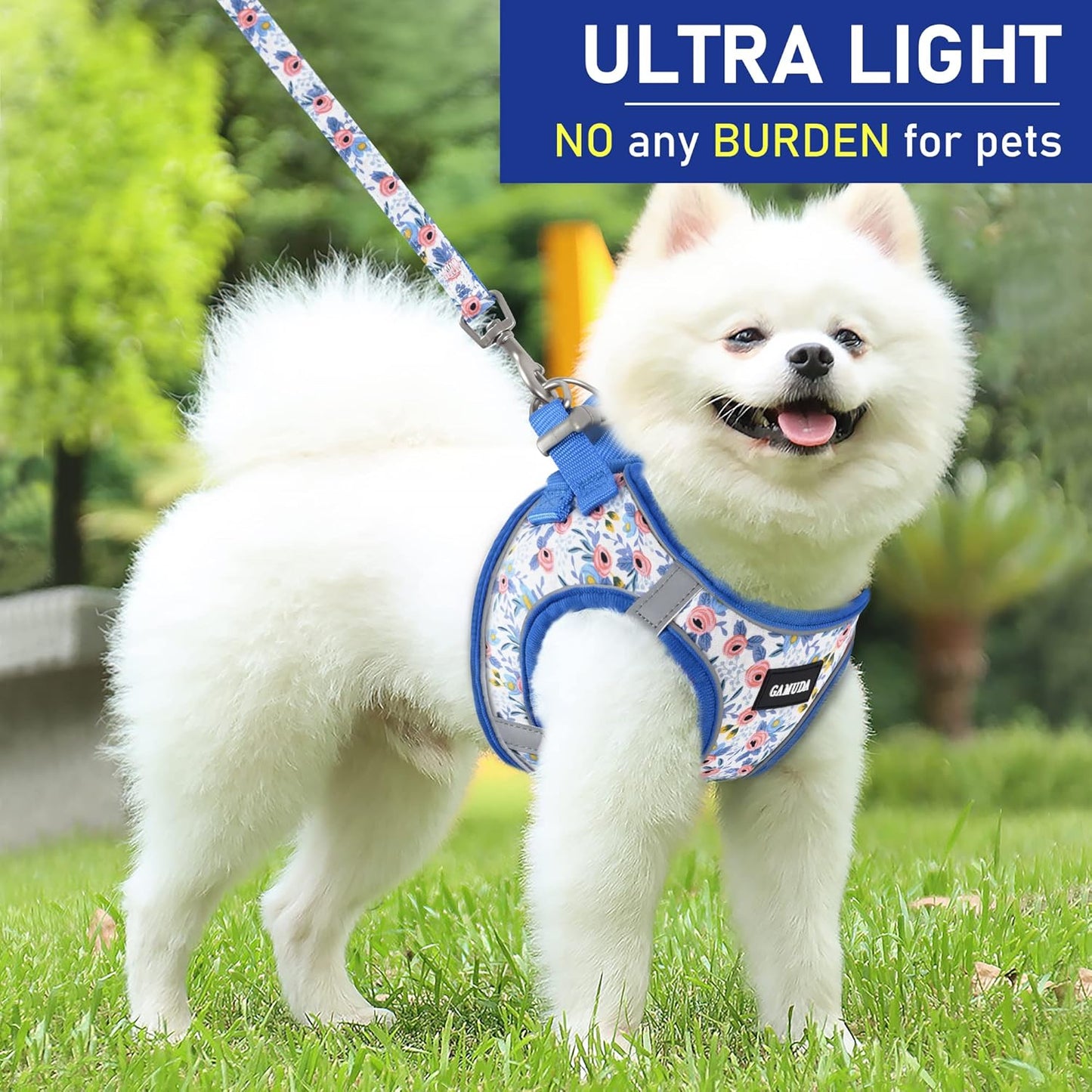 GAMUDA Small Dog Harness Collar and Leash Set, Step in No Chock No Pull Soft Mesh Adjustable Dog Vest Harnesses Plaid Reflective for Dogs Puppy Cats Kitten Rabbit (Blue Flower, L)