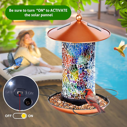 XDW-GIFTS Mosaic Solar Wild Bird Feeder, Waterproof Lantern Shape with S-Hook & 4 LED Lights, Garden Decor for Lawn, Patio, Balcony, Yard Ornament - Unique Gifts for Mom, Women, Grandma, Bird Lovers