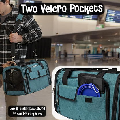 Pet Carrier with Wheels | United Delta American Frontier Airline Approved | Two Expandable Sides, Storage Pockets Adjustable Leash | Rolling Dog and Cat Carrier TSA Compliant (Blue 17x11x11)