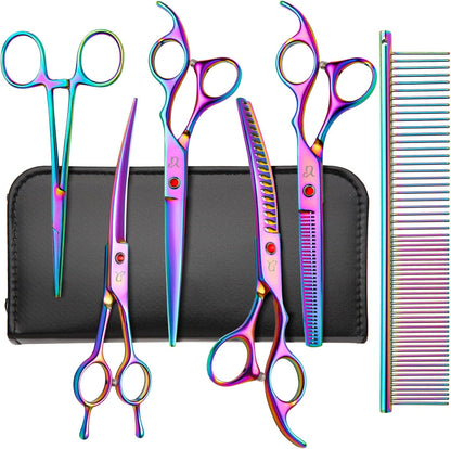 Dog Grooming Scissors,Rainbow Curved Chunkers Shears with Safety Round Tips,Sharp and Durable 6 in 1 Dog Scissors for Grooming
