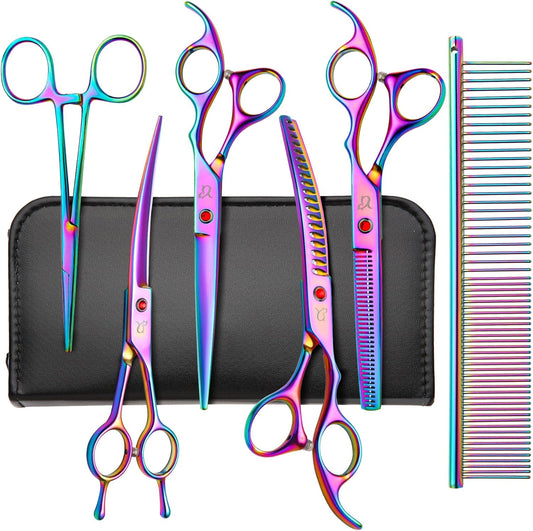 Dog Grooming Scissors,Rainbow Curved Chunkers Shears with Safety Round Tips,Sharp and Durable 6 in 1 Dog Scissors for Grooming