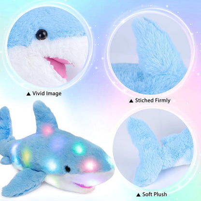 Hopearl LED Plush Shark Lighting Up Stuffed Animal Floppy Night Lights Glow in The Dark Birthday Festival for Kids Toddler Girls, Blue, 16''