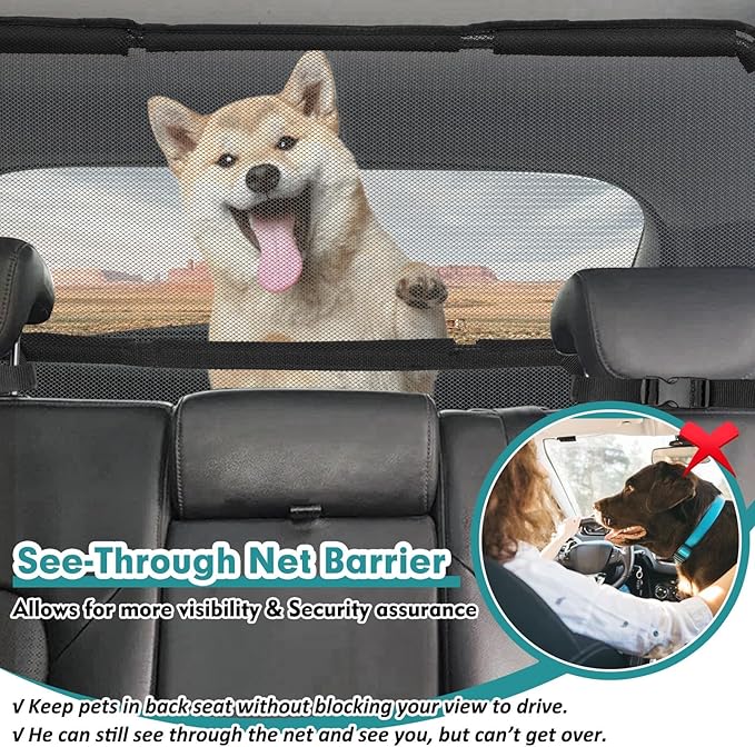 Dog Car Barrier Escape-Proof, 46" Wide Car Divider for 3rd Row Seats & Cargo Area, Durable Cargo Area Dog Car Gate Trunk Barrier with See Through Net Mesh for Small Sized SUV & Vehicles Or Hatchback