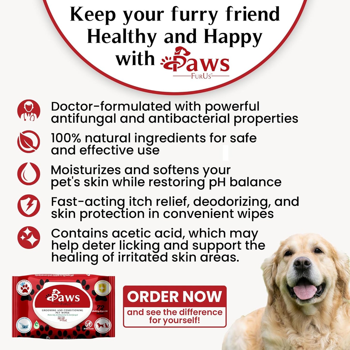 PawsFurUs® All-Natural Pet Wipes for Dogs & Cats - Doctor-Formulated for Total Pet Care with Antifungal & Antibacterial Protection, pH Balancing, Moisturizing, Deodorizing & Fast Itch Relief - 72ct.