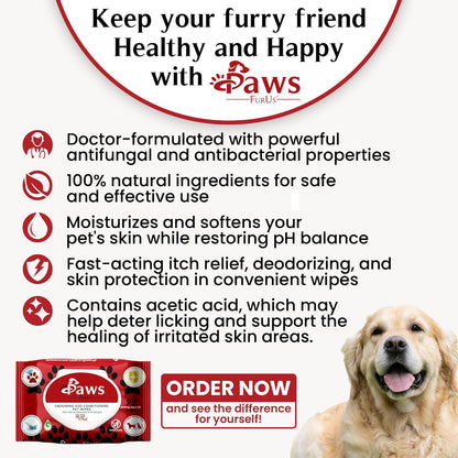PawsFurUs® All-Natural Pet Wipes for Dogs & Cats - Doctor-Formulated for Total Pet Care with Antifungal & Antibacterial Protection, pH Balancing, Moisturizing, Deodorizing & Fast Itch Relief - 72ct.