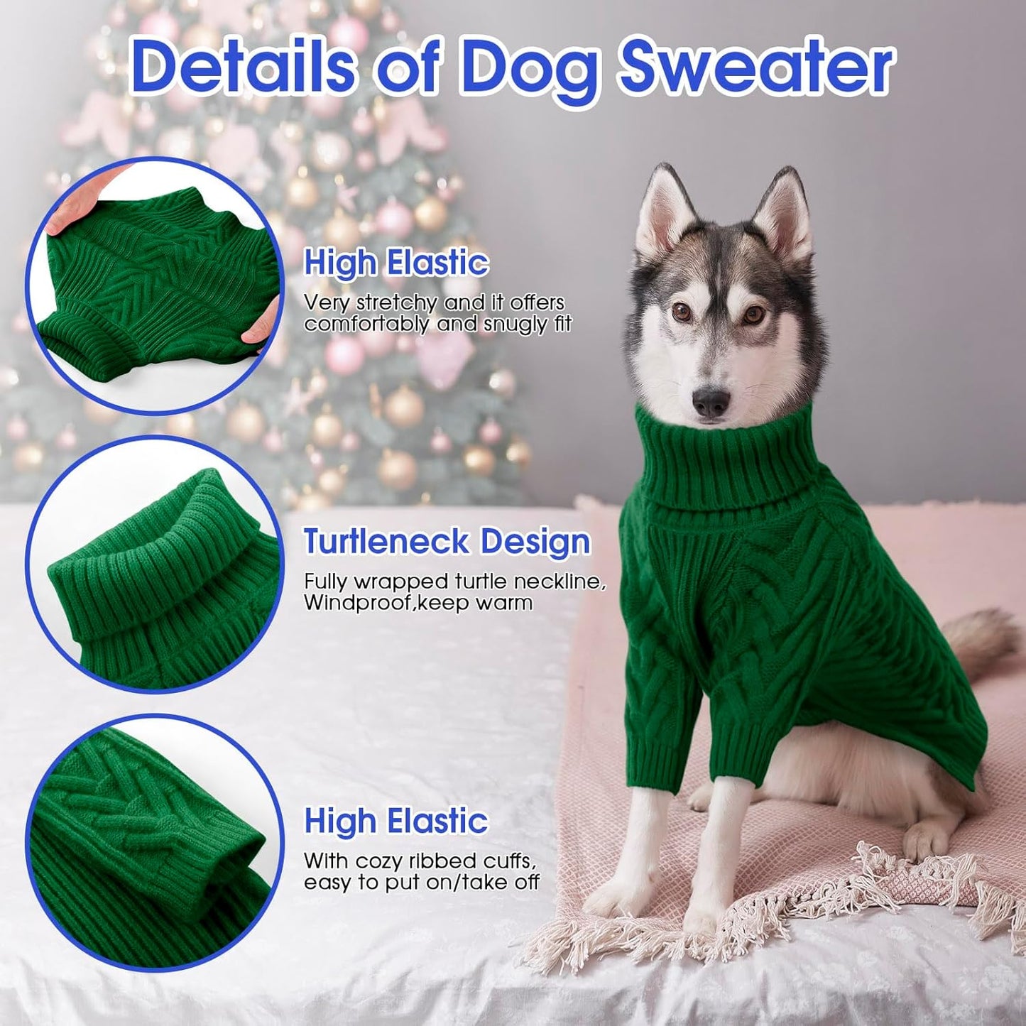 ASENKU XXL Dog Sweater, Turtleneck Pullover Winter Outfits for Extra Large Dogs - Pet Sweatshirt for Pitbull, Labrador Retriever (Dark Green, 2XL)