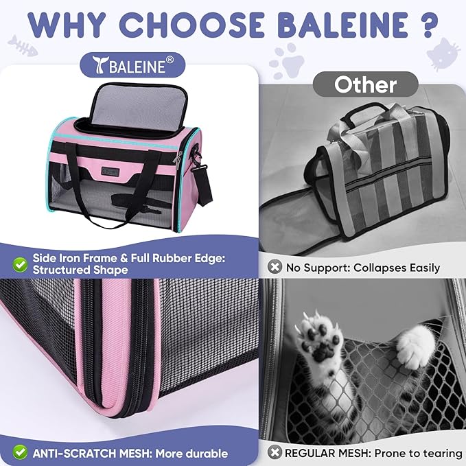 BALEINE Cat Carrier, Puppy Dog Carrier for Small Medium Pets Up to 22 Lbs, Soft-Sided Dog Travel Bag with Safety Zippers, Collapsible Pet Carrying Case (Pink, XL, 19"x12"x12")