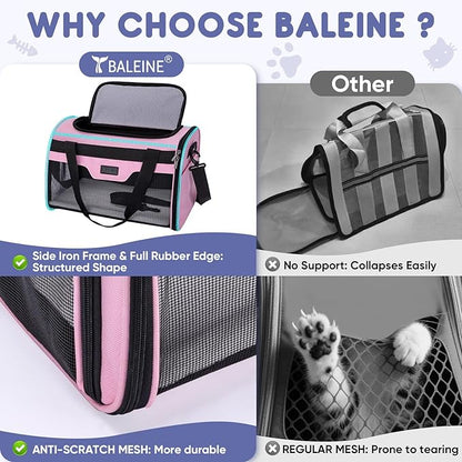 BALEINE Cat Carrier, Puppy Dog Carrier for Small Medium Pets Up to 15 Lbs, Soft-Sided Dog Travel Bag with Safety Zippers, Collapsible Pet Carrying Case (Pink, L, 17"x11"x11")