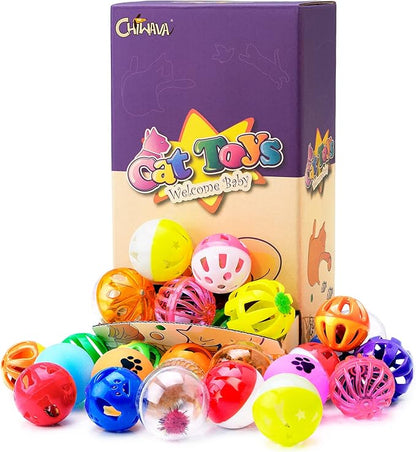 CHIWAVA 36 Pack Plastic Noisy Cat Toy Balls with Bell Kitten Chases Toy 8 Type Assorted Color Size