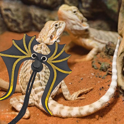 Bearded Dragon Leash and Harness Set,3 Size Adjustable Reptile Harness with Dinosaur Wings Safe Walking Accessories for Bearded Dragons,Lizards Small Reptiles Breathable and Escape Proof Design Black