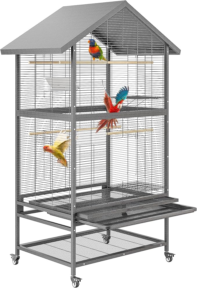 65.7" Large Double Parrot Cage, Bird Cage with Rolling Stand, 4 Perches & Bowls, Outdoor Bird Flight Cages for Parakeets, Conures, Cockatoos, Canaries, Lovebirds - Black