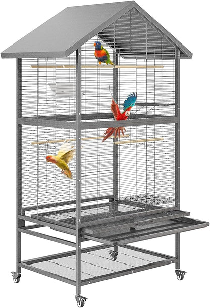 65.7" Large Double Parrot Cage, Bird Cage with Rolling Stand, 4 Perches & Bowls, Outdoor Bird Flight Cages for Parakeets, Conures, Cockatoos, Canaries, Lovebirds - Black