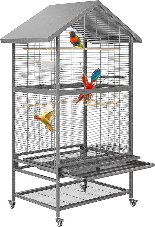 65.7" Large Double Parrot Cage, Bird Cage with Rolling Stand, 4 Perches & Bowls, Outdoor Bird Flight Cages for Parakeets, Conures, Cockatoos, Canaries, Lovebirds - Black