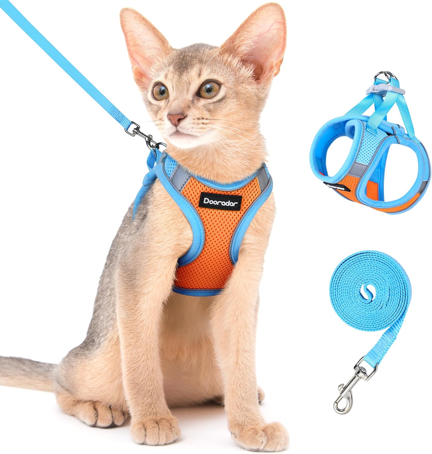 Dooradar Cat Harness and Leash Set, Escape Proof Lightweight Kitten Harness, Soft Breathable Reflective Vest for Outdoor Walking Traveling, Adjustable for Medium Cats, Orange & Blue, M