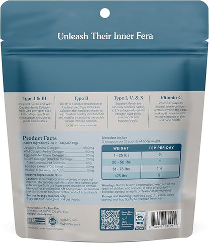 Fera Pets Cat & Dog Collagen Powder - Bone, Gut, Joint and Skin Supplement - 5 Types of Collagen + Clinically Studied UC-II® - 4.23 oz
