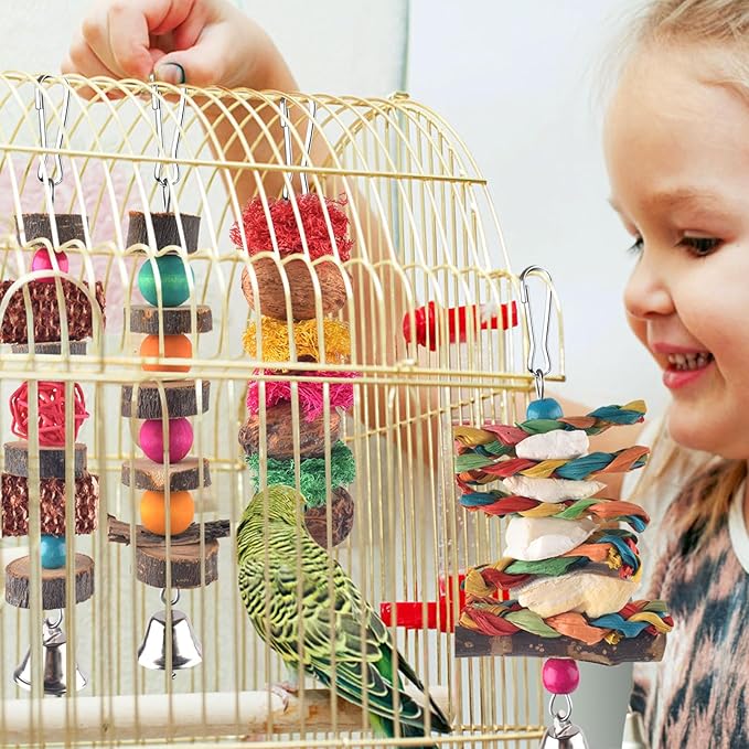 Bissap Bird Chew Toys, 7 Packs Parakeet Natural Wood Toys Parrot Hanging Cage Toy Perch Stand for Small Birds Conure Cockatiel Parrotlet Lovebird Budgie