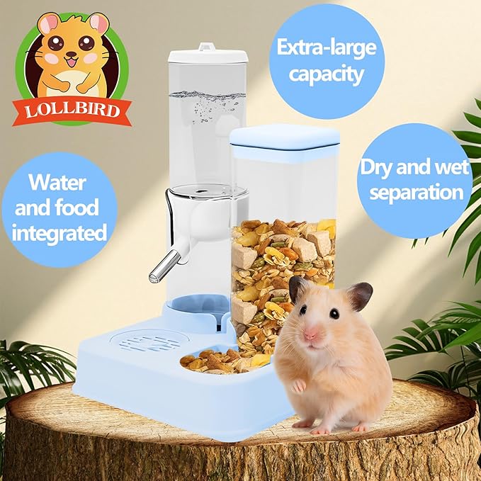 2-in-1 Hamster Water Bottle & Enhanced Food Dispenser - 35% Larger Food Capacity, Leak-Proof Design for Glass Tanks/Wire Cages Small Animal Accessories (Blue, 4.9IN+5.1IN+5.7 in)