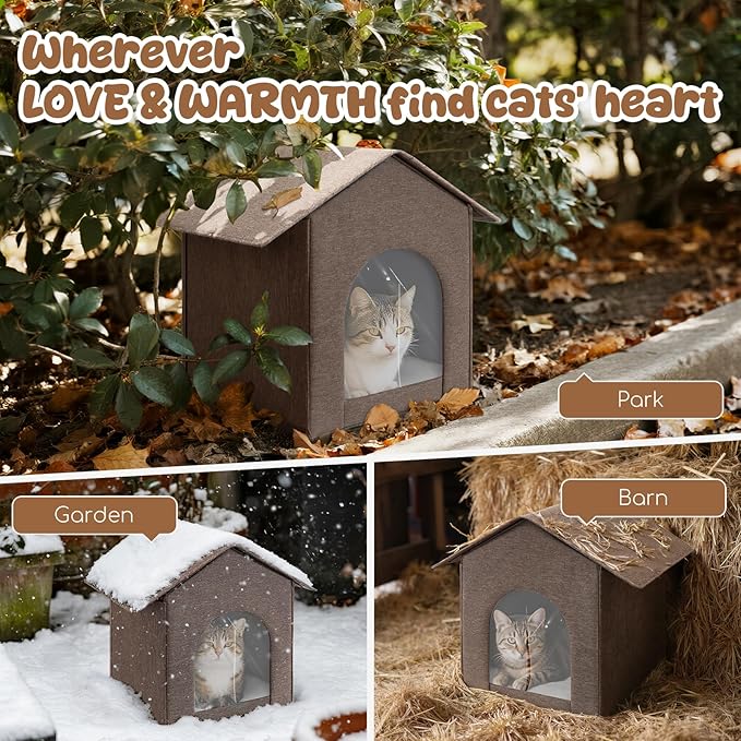 Outdoor Cat House Weatherproof, Insulated Cat Houses for Outdoor/Indoor Cats for Winter, Waterproof Feral Stray Cat Shelter with Warm Cushion and Door Curtain, Easy to Assemble, Brown