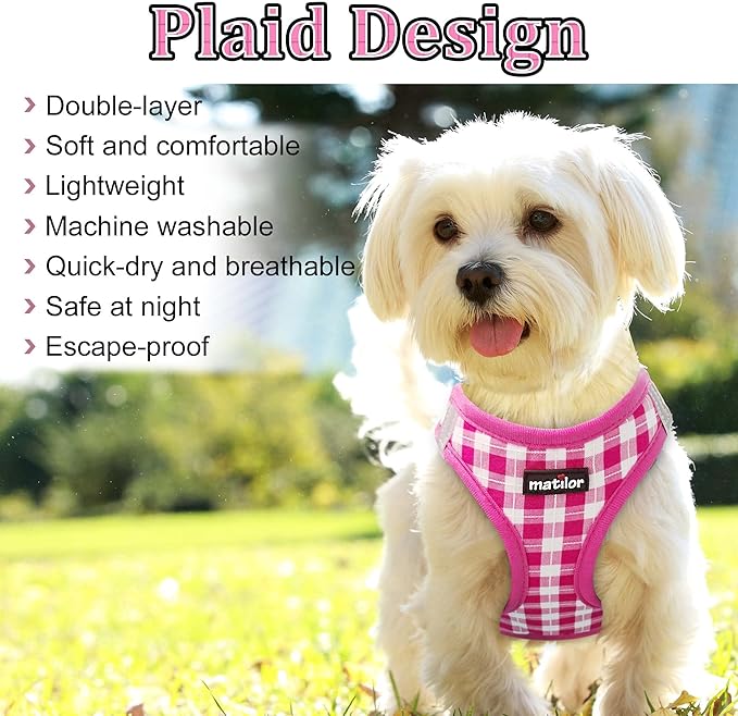 Dog Harness Step-in Breathable Puppy Cat Dog Vest Harnesses for Small Medium Dogs Pink Checkered