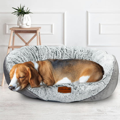 Luxury Calming Pet Bed for Cats & Small Dogs, All-in-One Machine Washable Long Fur Plush with Bolster, Non-Slip Waterproof Bottom & Orthopedic Support for Warmth, 20x19 Inch, Light Grey