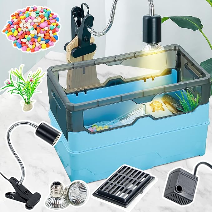 Turtle Tank kit with Filter+Water Pump+Heat lamp, Wheels, Easy to Move, Imitate The Natural Flows, Suitable for Small Turtle Horned Frog Hermit (M, Blue)