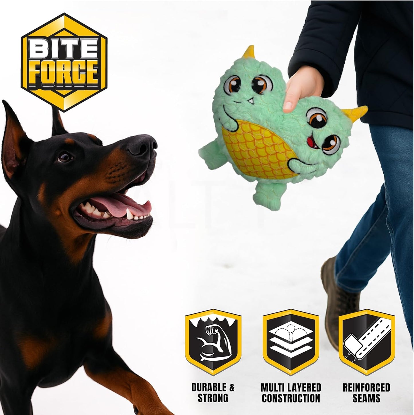 Bite Force - Durable & Strong Dog Toy Blue Two Headed Monster with Squeaker, Kevlar-Reinforced for Aggressive chewers.