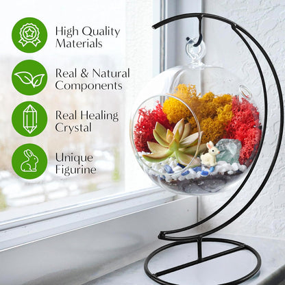 5" DIY Globe Terrarium Kit - Hanging Glass Planter with Stand for Adults & Kids - Build Your Own Mini Ecosystem with Moss, Crystals, Tools & Figurine - Handcrafted in USA