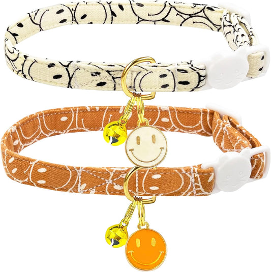 2 Pack Cotton Breakaway Cat Collars Set with Bell and Flower Pendant, Cute Floral Fruit Patterned, Adjustable 7.5-11Inch, Include A Mouse Toy Gift (Smile face)