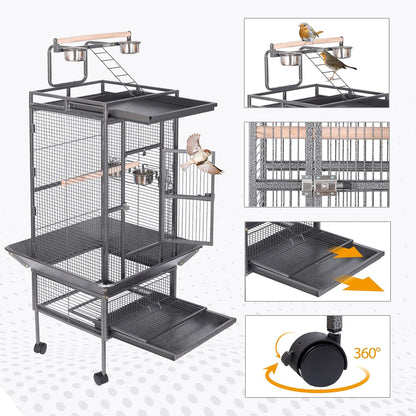 HSM 62 Inch Wrought Iron Large Bird Flight Cage with Rolling Stand for African Grey Parrot Cockatiel Sun Parakeet Conure Lovebird Canary…