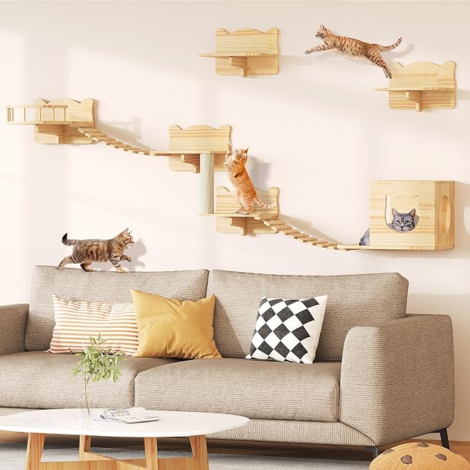 Solid Wood Cat Wall Shelves, Cat Wall Furniture Wooden Feline Shelf, 9 Piece Shelves and Perches with Bed, House, Steps, Bridge Ladder and Scratching Post