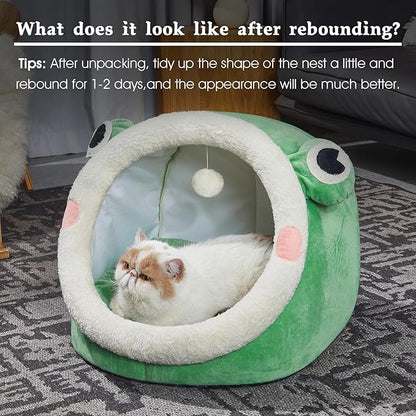 Jiupety Cute Cat Bed, Indoor Lovely Velvet Igloo for Cat and Small Dog, Warm Cave Sleeping Nest Bed for Puppy and Kitten, Green Frog, L