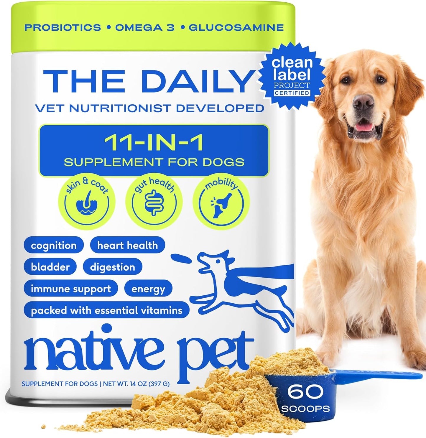 Native Pet Dog Vitamins & Supplements - 11-in-1 Vitamin Powder for Dog Food Topper - Collagen, Glucosamine, Probiotics, Omega & More- Supports Healthy Gut, Mobility & Overall Health - 60 Scoops