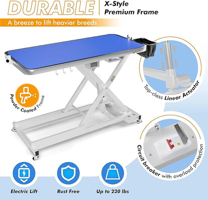 KANIS Professional Electric Dog Grooming Table - Heavy Duty, Height Adjustable Pet Grooming Table w/Leveling Wheels, Grooming Arm, Anti Slip Tabletop & Tool Organizer/Dog Grooming Station (60", WHITE)