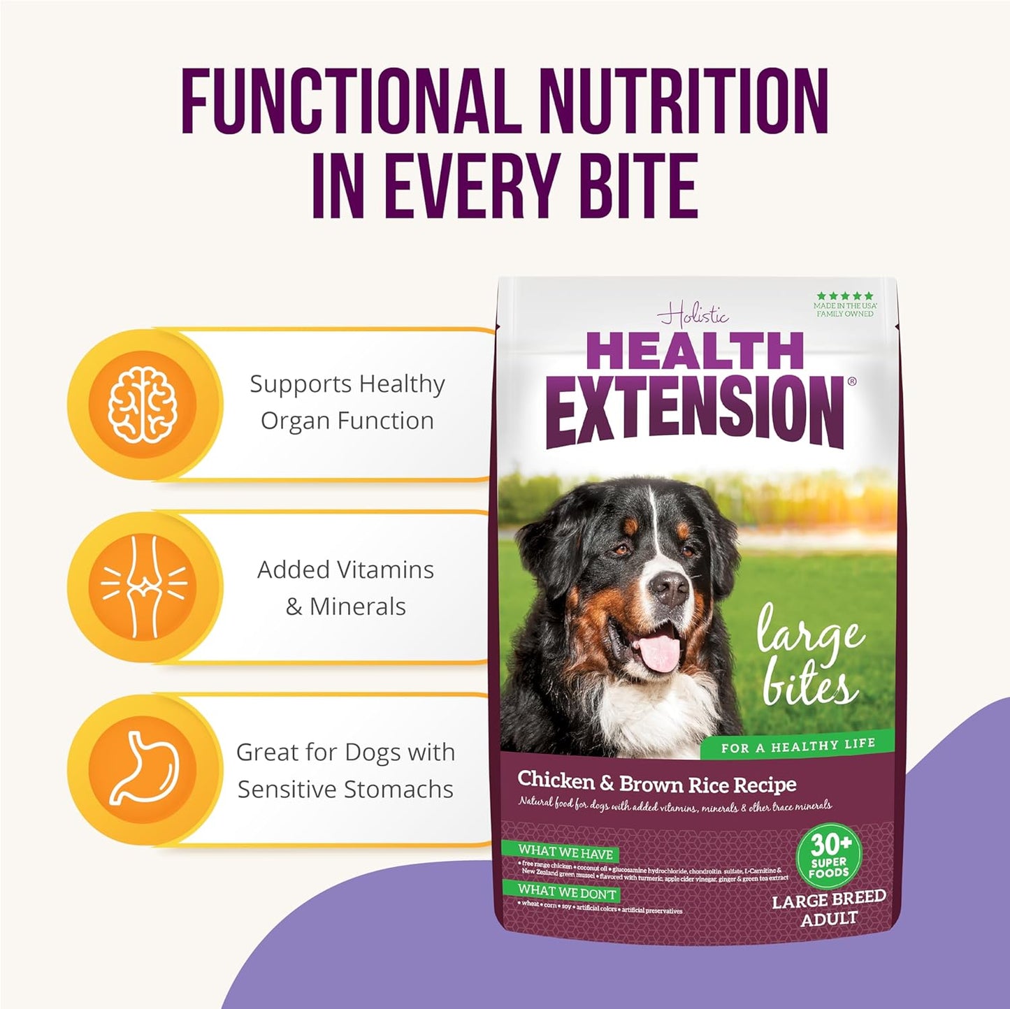 Health Extension Large Bites Chicken & Brown Rice Dry Dog Food, Protein-Rich Formula with Probiotics & Essential Nutrients for Large Breeds (30lb)