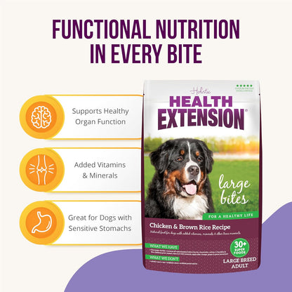 Health Extension Large Bites Chicken & Brown Rice Dry Dog Food, Protein-Rich Formula with Probiotics & Essential Nutrients for Large Breeds (30lb)
