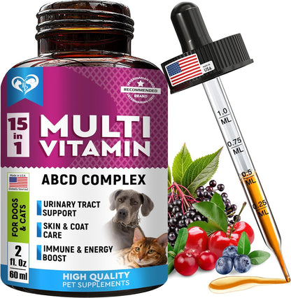 Cat & Dog Multivitamin Liquid with Glucosamine & Cranberry | 15 in 1 Health Supplements for Urinary Tract Kidney, Bladder, Hip & Joint, Skin & Coat | Natural UTI Medicine Made in USA (60 ml)