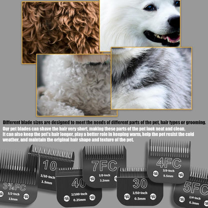 7 Pack Detachable Dog Grooming Steel Blades with Blade case Holder,Compatible with Andis,Oster A5,Wahl KM-10 Series,Cutting Length 1/100" to 1/2"(10+30+40+7FC+5FC+4FC+3-3/4FC-black)