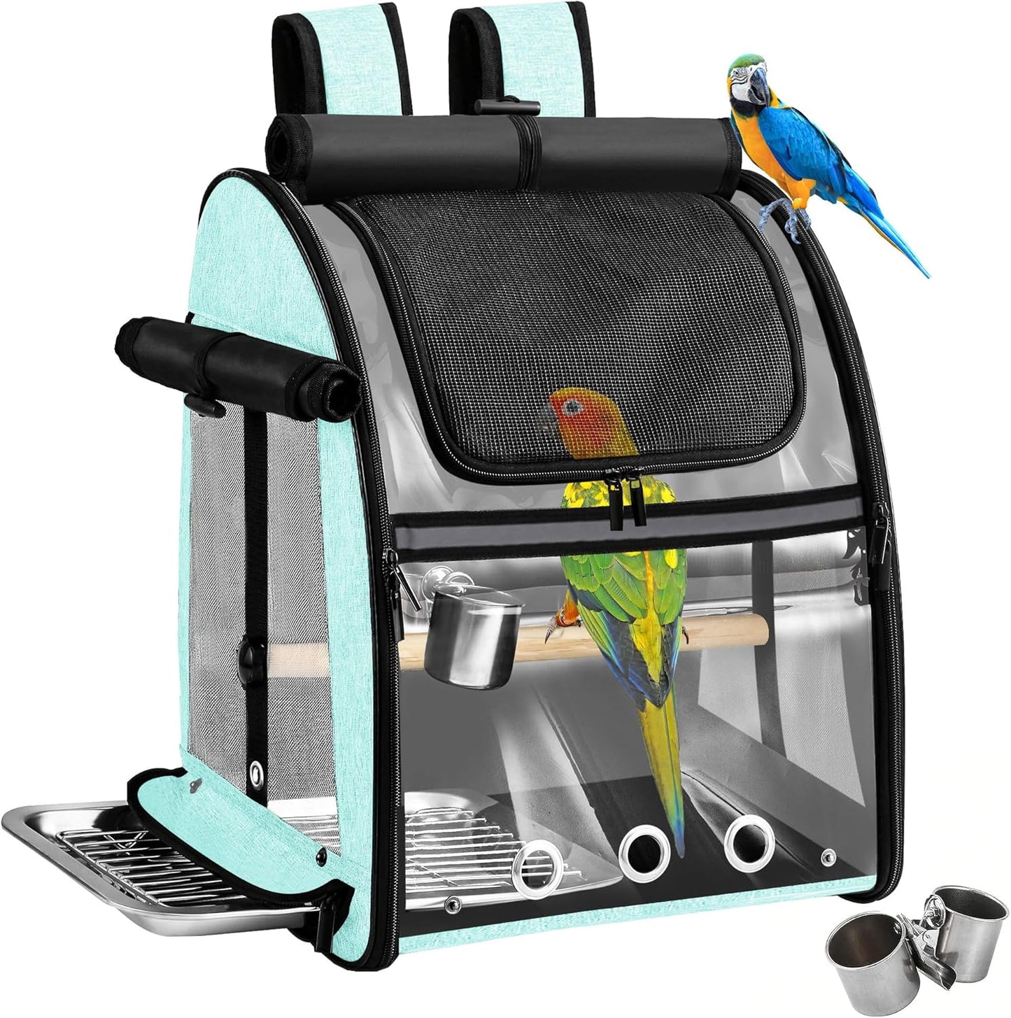 Sanmoncare Bird Carrier Backpack with Stainless Steel Mesh, Parrot Travel Cage with Stand, Easy to Clean, Portable Conures Travel Bag, Pet Breathable Travel Cage