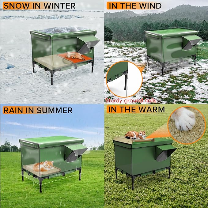 4-in-1 Heated Cat House for Outside with Heating Pad, Scratching Bed and Elevated Bed, Waterproof Windproof TPU Rain Cover, Large Cat Winter House Outdoor